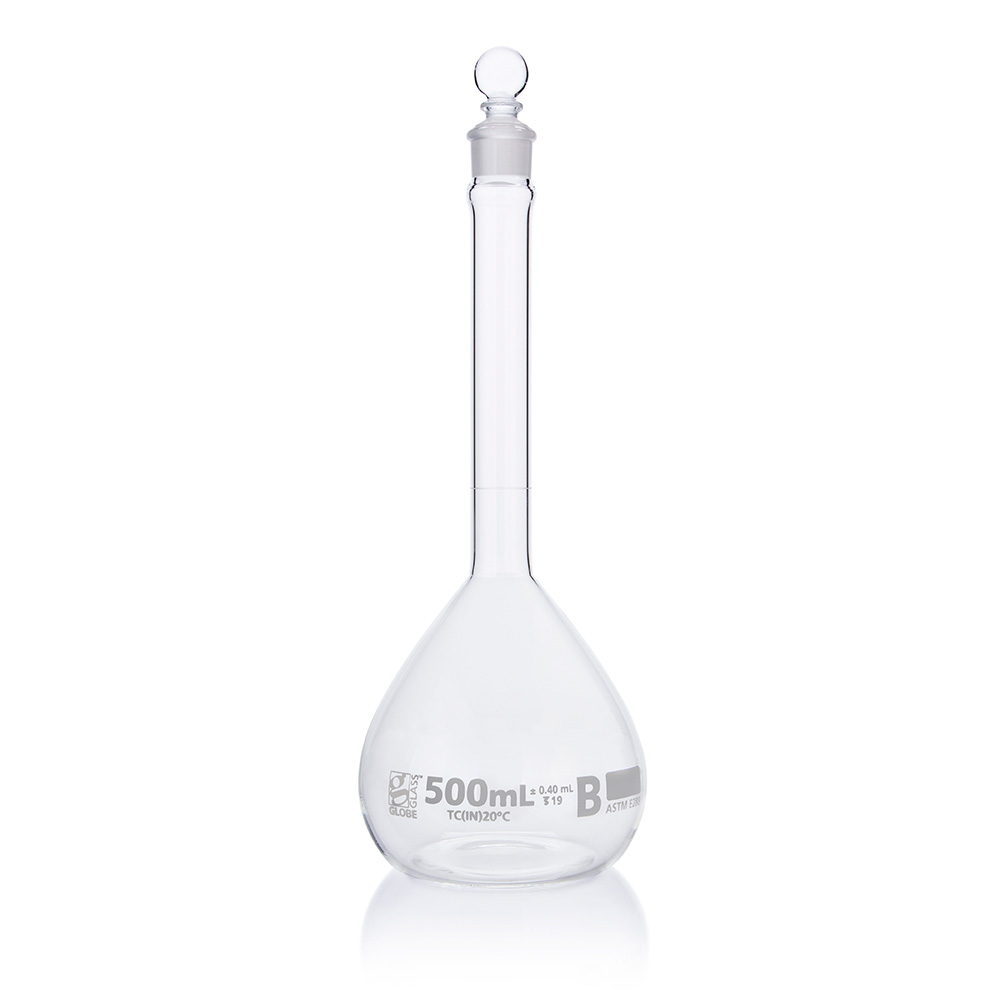 Globe Scientific Flask, Volumetric , Globe Glass, 500mL, Class B, To Contain (TC), ASTME288, 6/Box Image